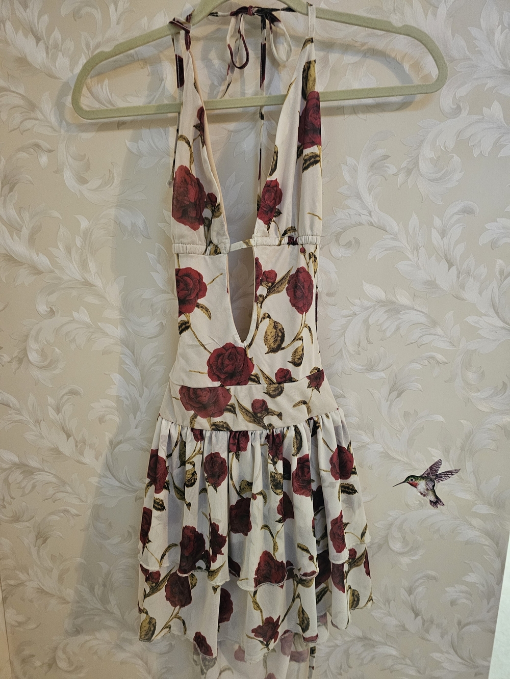 SHEIN White Halter Mini Dress with Red Rose Print